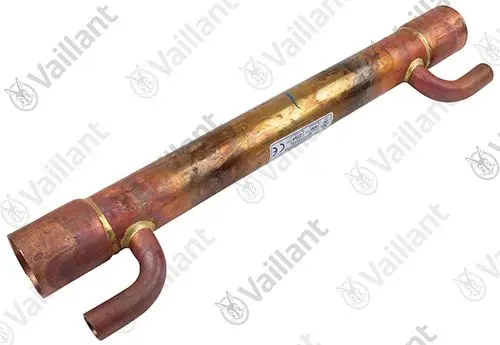 Vaillant Wärmetauscher in Rohrform, kupferfarbend, mit zwei abgehenden Rohren, geeignet für Heizungsanwendungen.